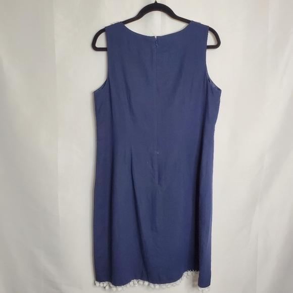 Eliza J Linen Blend Sheath Dress Size 14 Embroidered Neckline Pompom Trim Hem - Picture 5 of 12